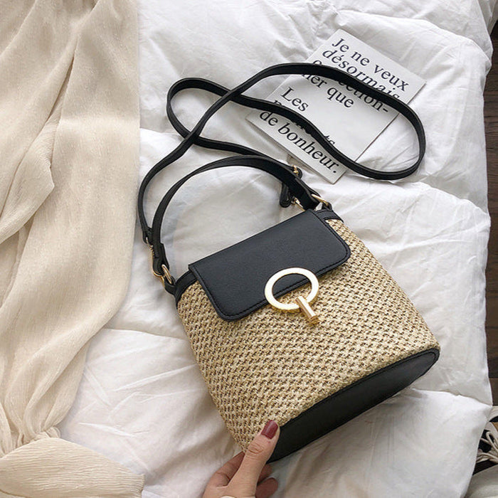 straw woven purse black