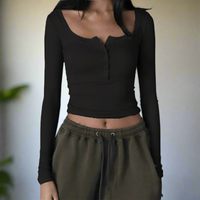 Stretch rib knit crop blouse