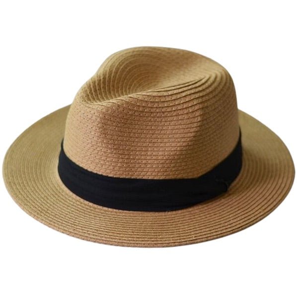 Tan bohemian woven straw fedora hat