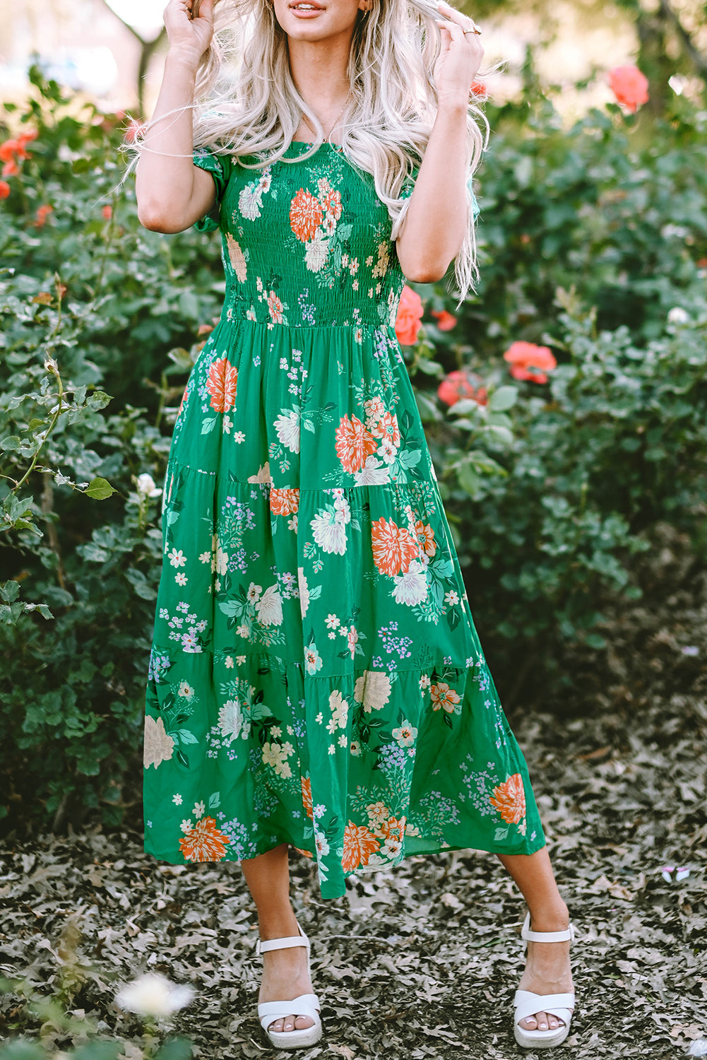 Tiered ruffle maxi dress closeup