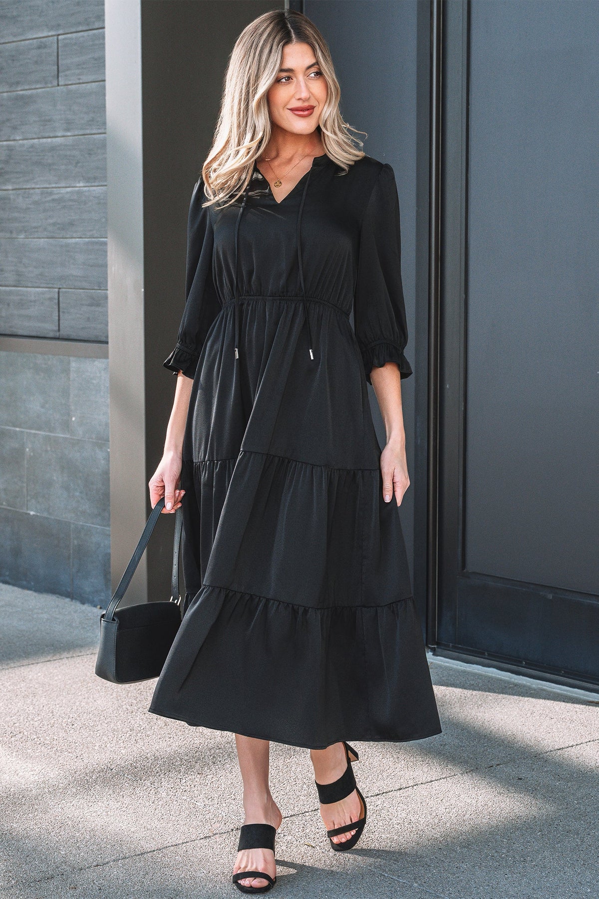 Tiered skirt maxi dress closeup