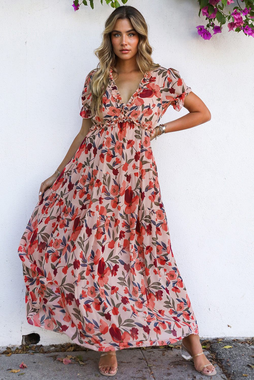 V neck floral dress flowing skirt