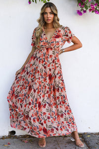 V neck floral dress flowing skirt