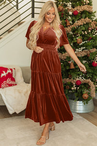 Velvet ruffle maxi dress closeup