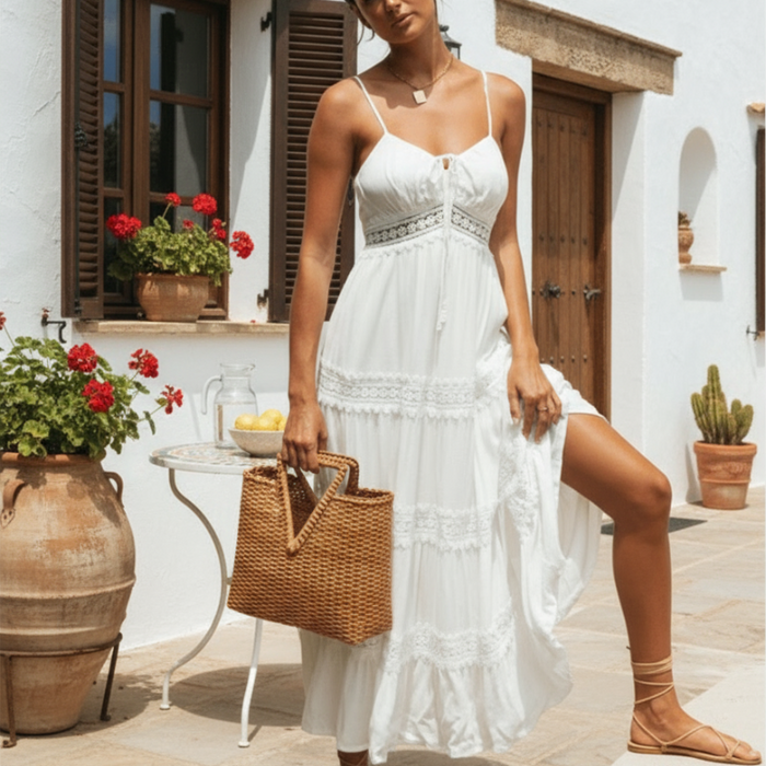white spaghetti strap boho dress