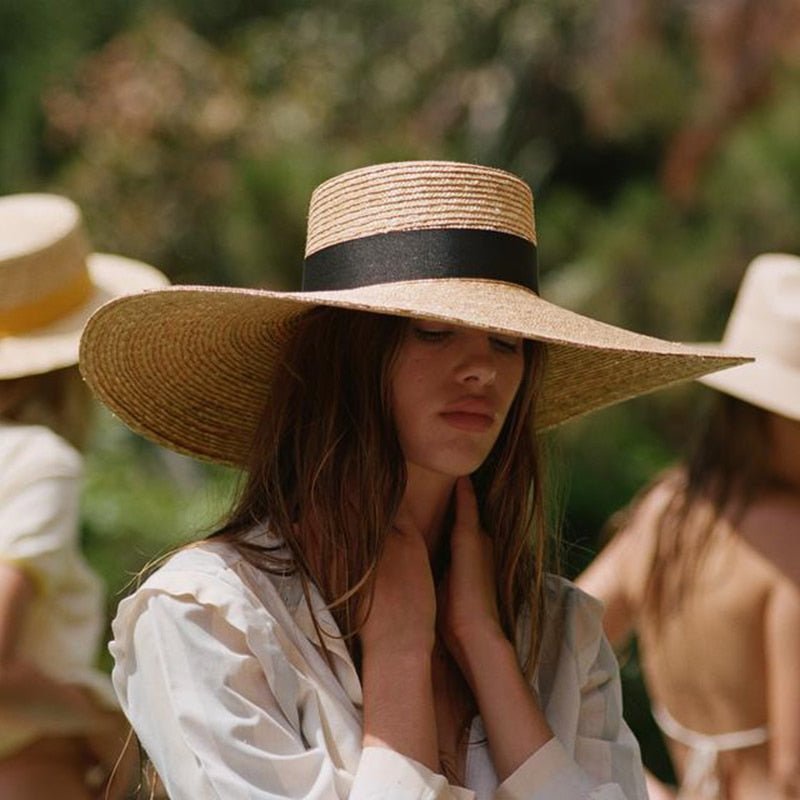 Woven boho boater, beige straw